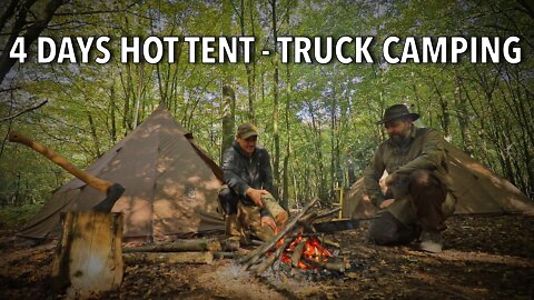 uk hot tent camping with Kent Survival in rain - camp fire cooking