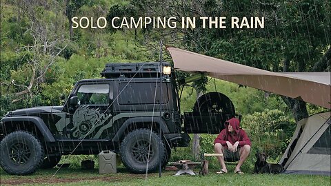 SOLO CAR CAMPING In RAIN [ Relaxing Under Tarp, Jeep 4x4 Camper ]