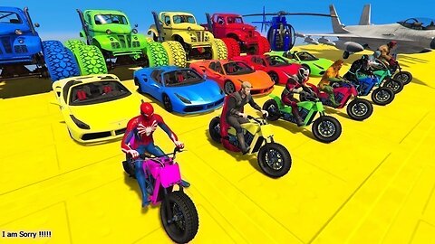 GTA V Mega Ramp On Bikes, Fighter Jets & Boats By Monster Trucks , Cars Spider man Racing Challenge