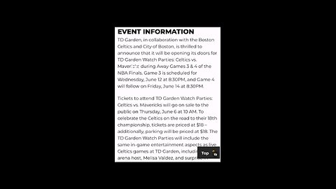 EVENT INFORMATION FOR THE BOSTON CELTICS NBA FINALS GAMES