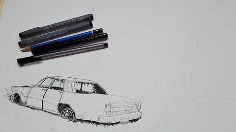 Drawing an Abandoned Car and Homestead in Ink on Watercolor Paper-part1