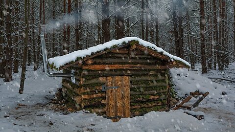 Winter shelter building, Warm log cabin +20 inside, Furnace installed, Modern bushcraft
