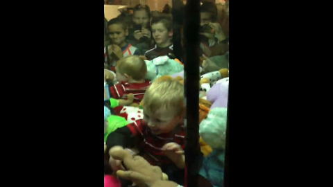 A Tot Boy Sits Inside Of A Claw Machine Game And Plays With Toys