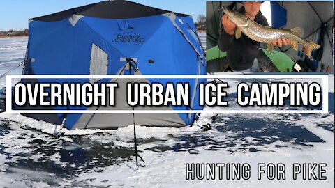 Ice camping on frozen bay in the GTA + Dead bait techniques for Pike + Otter 6 to 8 man hub.