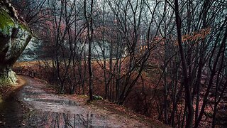 Rain in the puddles of a muddy autumn road in Kislovodsk, Russia