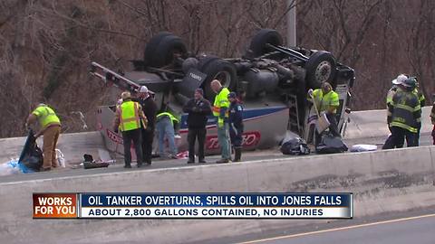 Overturned tanker spills thousands of gallons of oil into Jones Falls