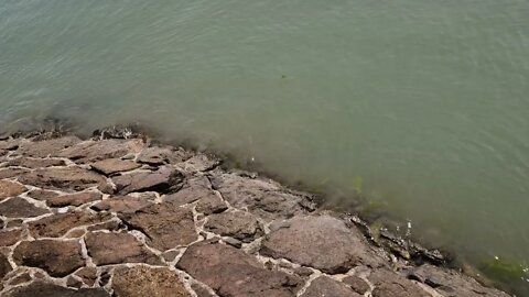 2 minutes of calm relaxation watching sea babbling on a rocky slope with birds singing.