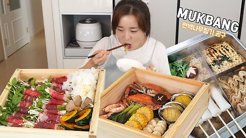 Cooking Mukbang :) Steamed seafood (abalone, crab, shrimp), steamed beef with water parsley.