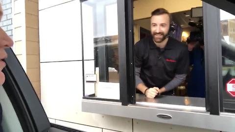 IndyCar driver James Hinchcliffe works Tim Horton's drive-thru for charity event