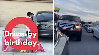 Isolated birthday girl delighted after surprise drive-by parade