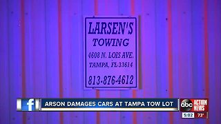 Nine vehicles were destroyed by a fire at a Tampa tow lot, arson suspected