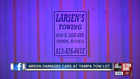 Nine vehicles were destroyed by a fire at a Tampa tow lot, arson suspected