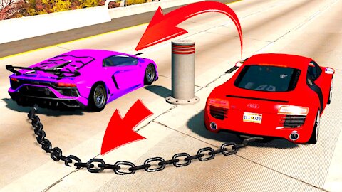 Chained Cars vs Bollards – BeamNG.Drive