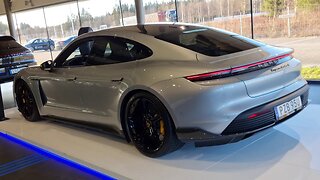 [8k] Dolomite Silver SportDesign Porsche Taycan Turbo S looks nice at Porsche Center Borås