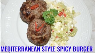 Mediterranean Style Spicy Burger served with Spicy Green Tomato Feta Cheese Salad