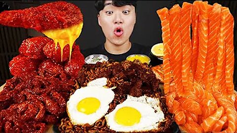 ASMR MUKBANG | Fried Chicken, steak, black bean noodles, kimchi Korean Food recipe ! eating