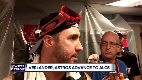 Justin Verlander celebrates ALDS win in Astros champagne party