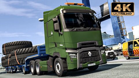 Renault T Range transporting BIG TIRES | Euro Truck Simulator 2 Gameplay "4K"