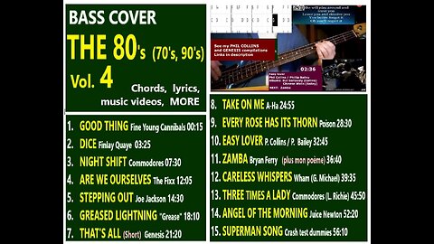 Bass cover THE 80's Vol. 4 (+ 70s, 90s) __ Chords, Lyrics, Music videos, MORE