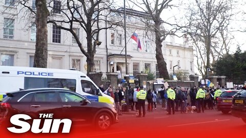 "Pro-Ukraine protesters EGG Russian embassy in London"