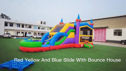 Red Yellow And Blue Slide With Bounce House #inflatablefactory #inflatable #slide #bouncer