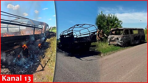 Russian soldiers demonstrate military equipment destroyed in Ukrainian kamikaze drone strike