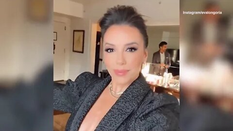 Video: Eva Longoria dons a bra-less look with a black mini dress