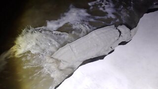 Giant pieces of packed sand breaking off into Gould's Inlet just after high tide - March 13, 2020