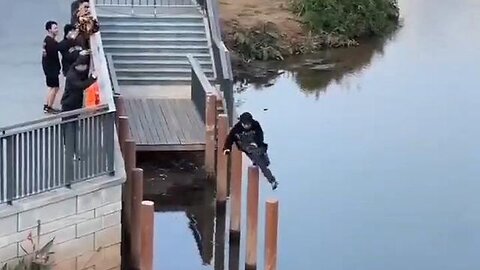 Show-off jumping between posts over water regrets his life choices!