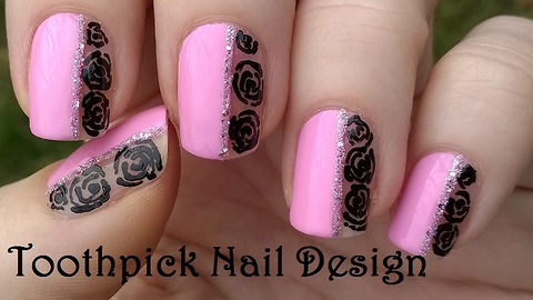 Baby Pink Toothpick Nail Art With Black Roses