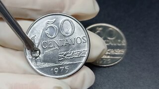 MOEDAS DE 50 CENTAVOS DE CRUZEIRO DE 1975 - INOX E CUPRONIQUEL - DETALHES E VALORES ATUALIZADOS