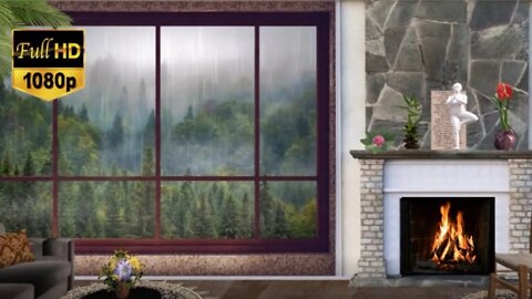 FOREST VIEW LOG FIRE CABIN . With Rain & Thunder Soundtrack. For Relaxation, Ambience & Study.
