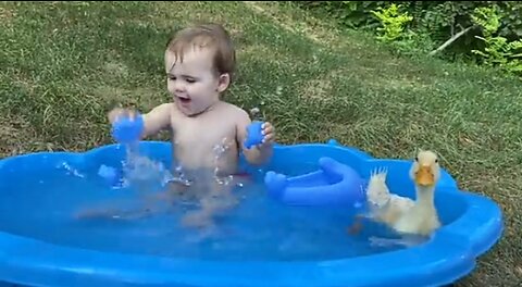 Funny baby reaction to duck in the pool