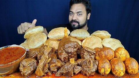 HUGE SPICY MUTTON CURRY, EGG CURRY, LUCHI/ PURI, GRAVY, CHILI, ONION MUKBANG ASMR EATING SHOW ||