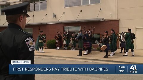 Bagpipers honor slain Fairway Officer Jonah Oswald after funeral service