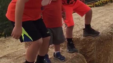 Three Brothers Hold Hands And Jump Into A Pile Of Hay