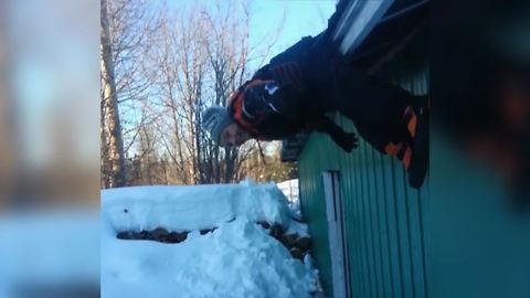 Funny Little Boy Gets Stuck While Going Down The Rooftop