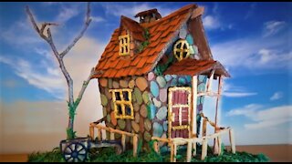 A fairy house made using cardboard and egg carton.