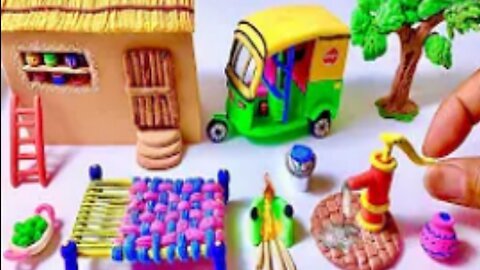 DIY How to make polymer clay miniature house, Rikshaw, Kitchen set, Hand Pump Tree, Charpai |Village