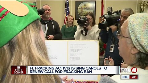 Carolers call for Florida fracking ban outside Gov. Ron DeSantis' office in Tallahassee