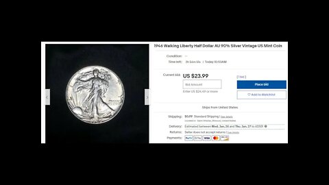 Auction Ending Today: 1946 Walking Liberty Half Dollar AU 90% Silver Vintage US Mint Coin