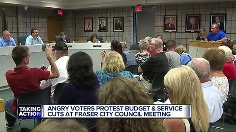 Angry voters protest budget and service cuts and Fraser city council meeting