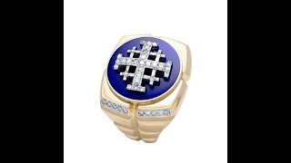 14K Gold Square Men's Christian Signet Ring with 49 Diamonds and Blue Enamel Short