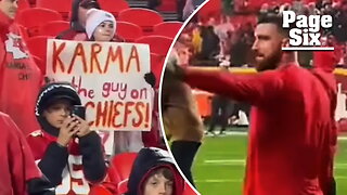 Travis Kelce has adorable reaction to fan's 'guy on the Chiefs' sign as Taylor Swift misses his game in Kansas City