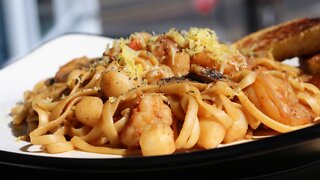 Spicy Miso Pasta with Scallops and Shrimp