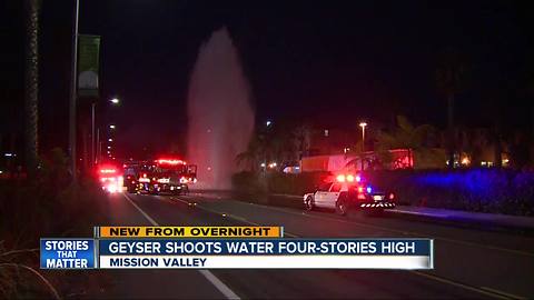 Geyser shoots water four stories high in MIssion Valley