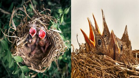 Child of birds waiting for their mother for food.