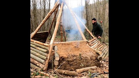 Building a hunter hut with a fireplace - shelter from wood and clay