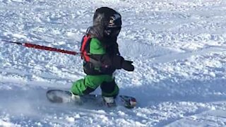 Criança de 3 anos faz snowboard como gente grande