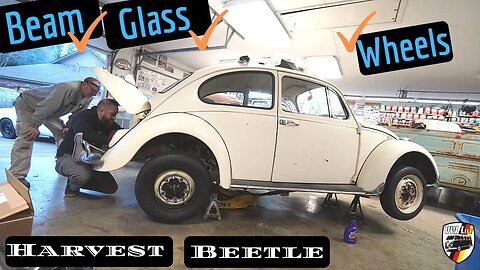 Shop Day on the 1967 Beetle! Front Beam, Glass, Brakes and Wheels Join Us!